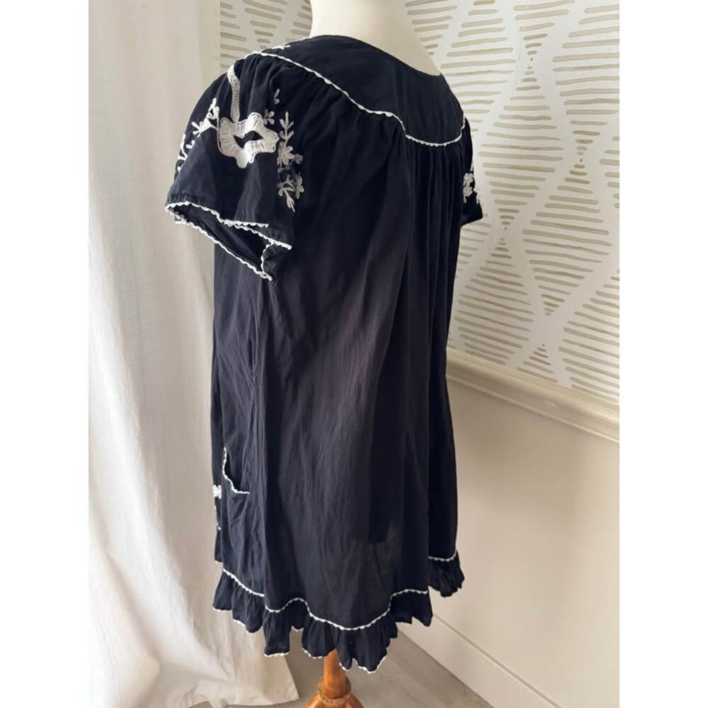 Indian Tropical Fashion One Size 100% Cotton Black White Embroidered Mini Dress - Picture 4 of 7